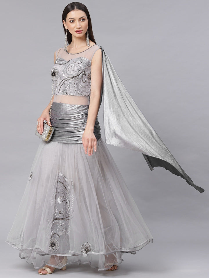 Made to Measure Grey Anarkali Gold Embellished Gown with  Sequence & Thread Embroidery