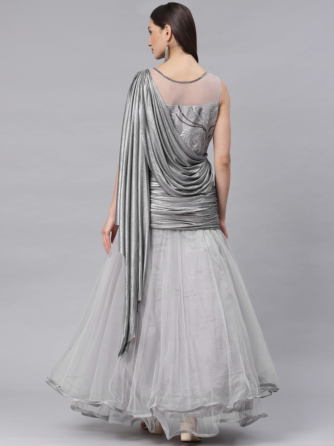 Made to Measure Grey Anarkali Gold Embellished Gown with  Sequence & Thread Embroidery