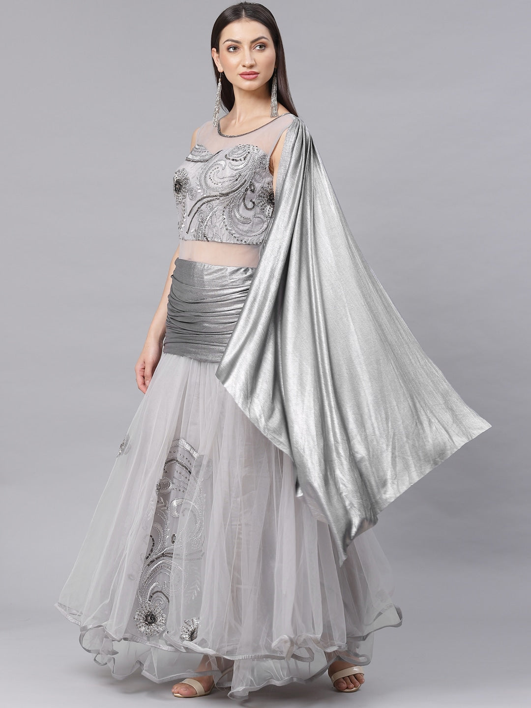 Made to Measure Grey Anarkali Gold Embellished Gown with  Sequence & Thread Embroidery