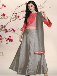Grey Silk Woven Lehenga With Contrast Bell Sleeved Crop Top Blouse Set