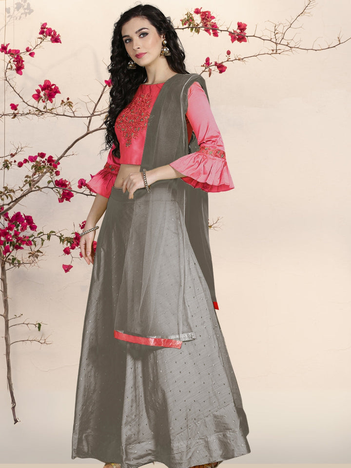 Grey Silk Woven Lehenga With Contrast Bell Sleeved Crop Top Blouse Set