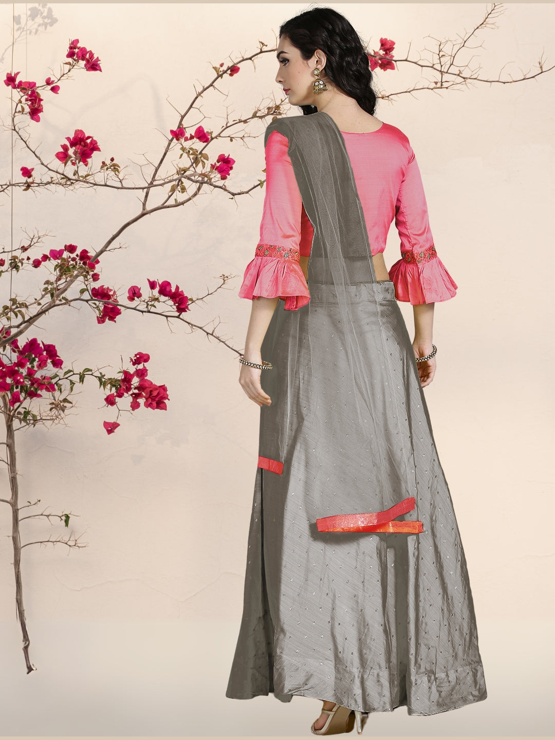Grey Silk Woven Lehenga With Contrast Bell Sleeved Crop Top Blouse Set