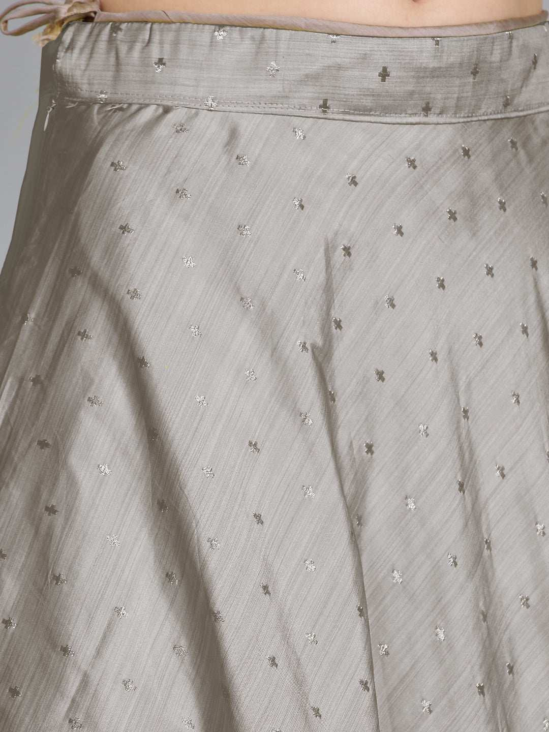 Grey Silk Woven Lehenga With Contrast Bell Sleeved Crop Top Blouse Set