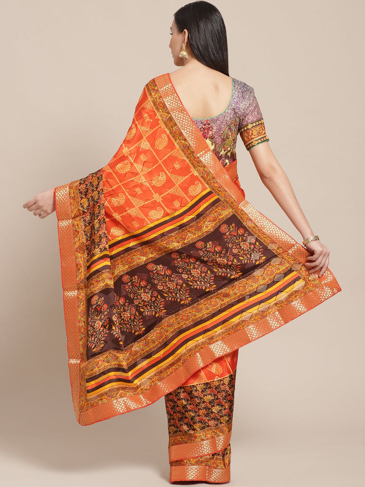 Self Geometrical Jacquard Saree with Floral Digital Printing and Banarasi Woven Border