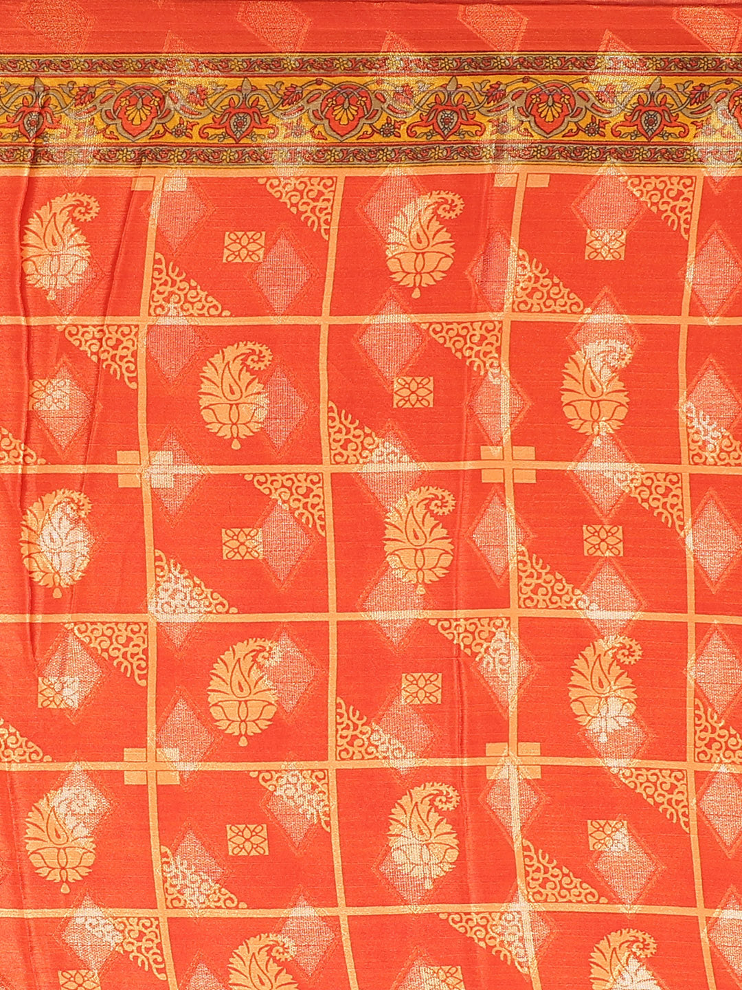 Self Geometrical Jacquard Saree with Floral Digital Printing and Banarasi Woven Border