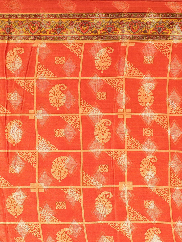 Self Geometrical Jacquard Saree with Floral Digital Printing and Banarasi Woven Border