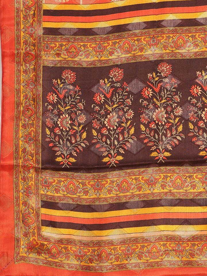 Self Geometrical Jacquard Saree with Floral Digital Printing and Banarasi Woven Border