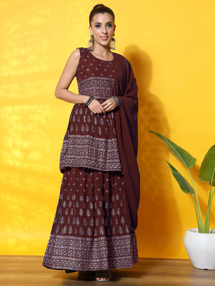 Foil Print Peplum Style Georgette Gharara Set with Peplum Kurta