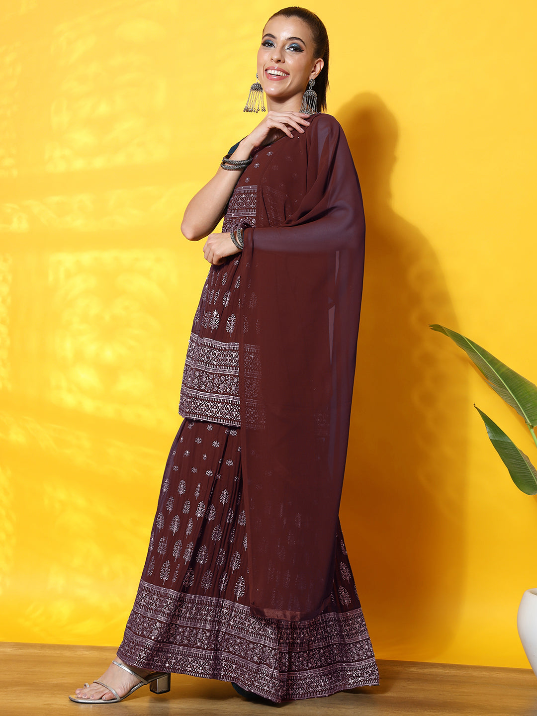 Foil Print Peplum Style Georgette Gharara Set with Peplum Kurta