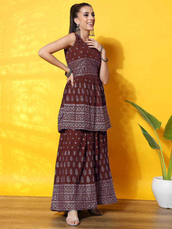 Foil Print Peplum Style Georgette Gharara Set with Peplum Kurta