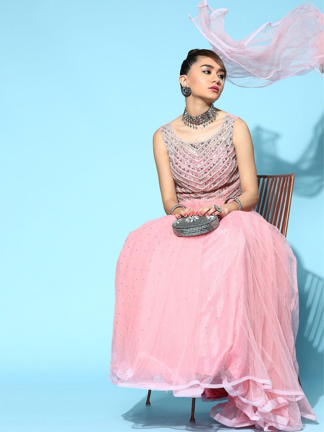 Made to Measure Pastel Pink Heavy Embellished Mirror & Pearls Net Flowing Lehenga Set