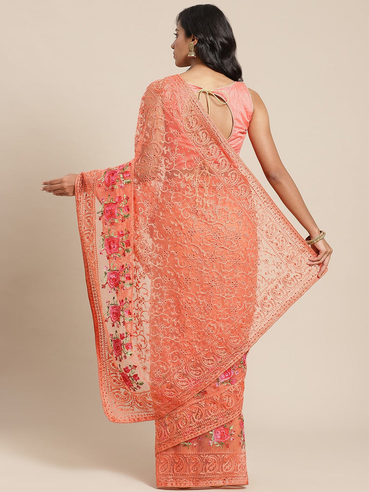Peach Net Resham Embroidered Saree with multicolor flowers and crystal Embellishments
