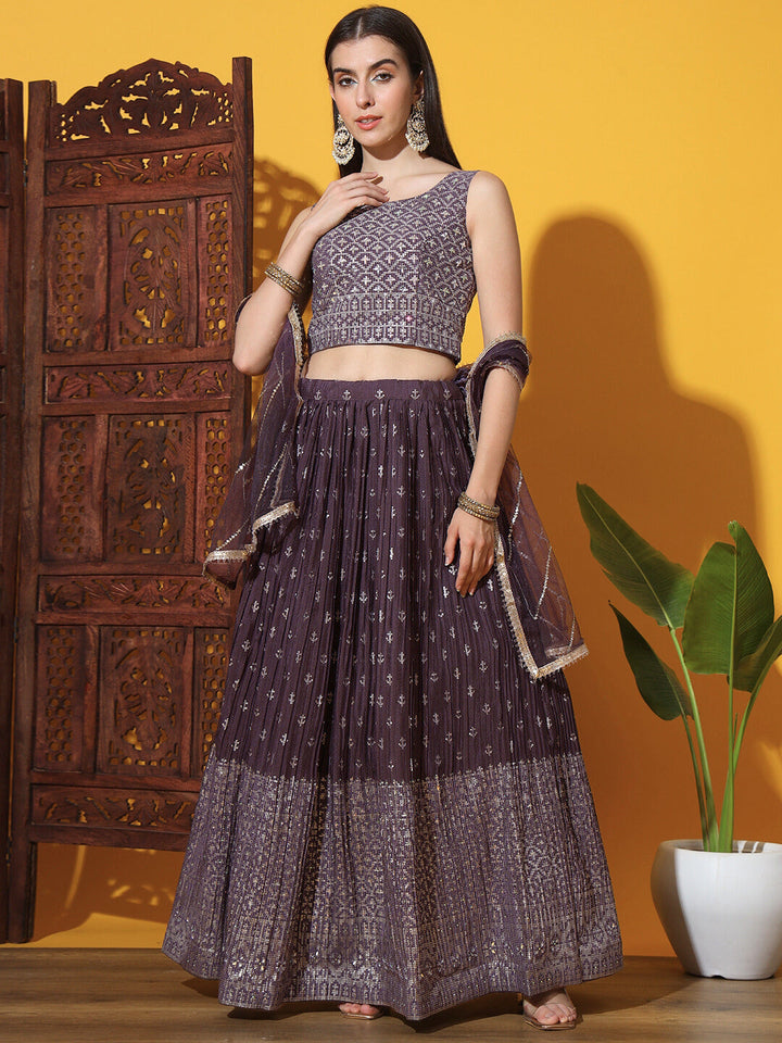 Purple Khari Print Lehenga Choli Blouse Set with Mirror Embellishments