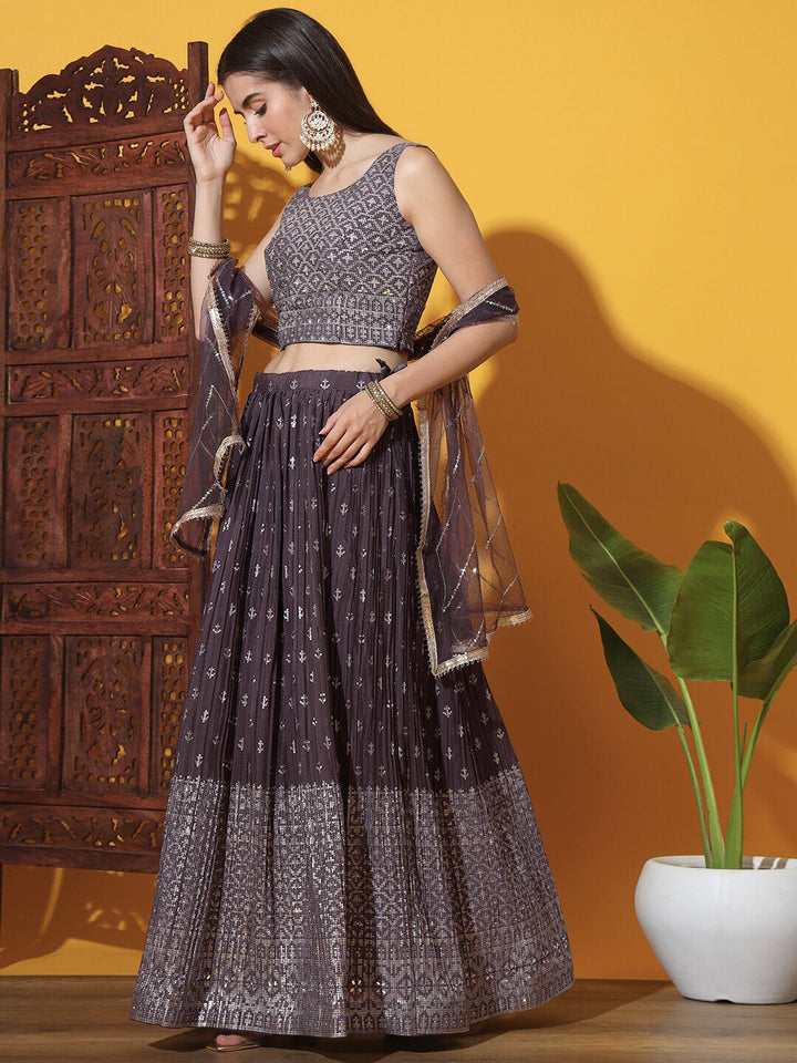 Purple Khari Print Lehenga Choli Blouse Set with Mirror Embellishments