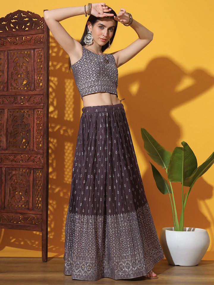 Purple Khari Print Lehenga Choli Blouse Set with Mirror Embellishments