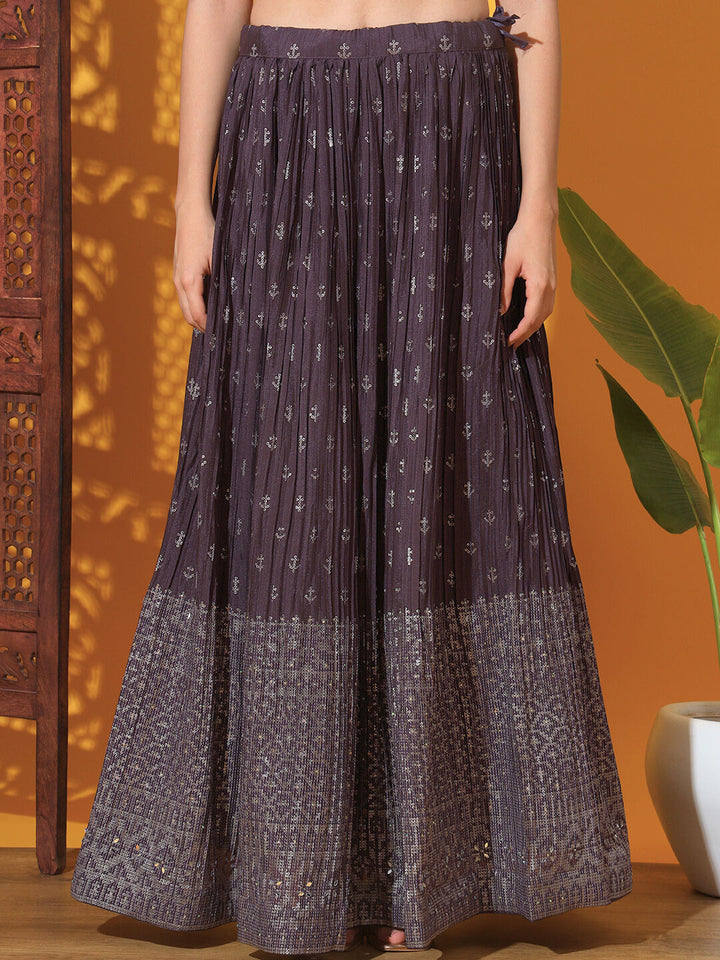 Purple Khari Print Lehenga Choli Blouse Set with Mirror Embellishments
