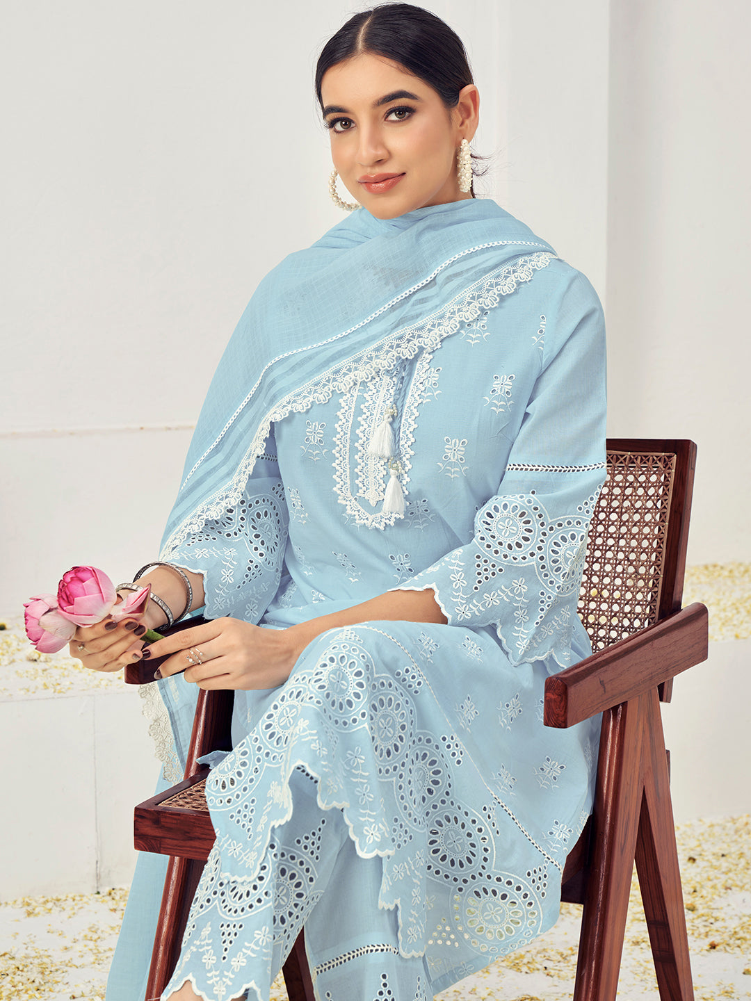 Chhabra 555 Thread Embroidered Chikankari Kurta Set with Scalloped Palazzo & Schiffli Laces