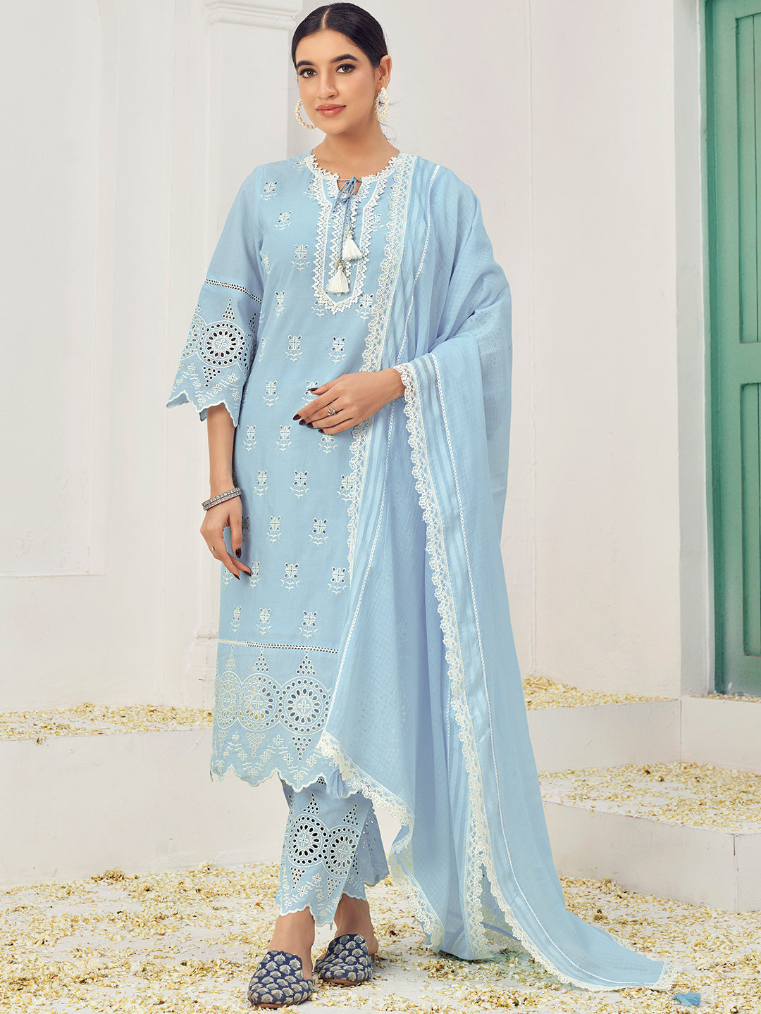 Thread Embroidered Chikankari Kurta Set with Scalloped Palazzo & Schiffli Laces