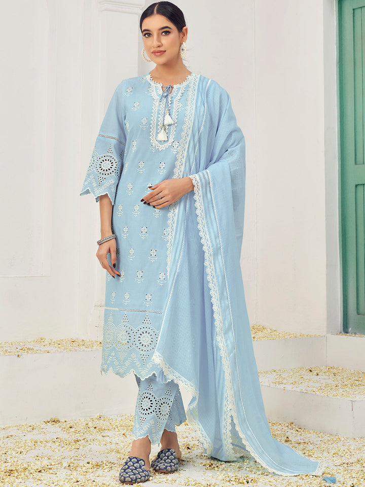 Thread Embroidered Chikankari Kurta Set with Scalloped Palazzo & Schiffli Laces
