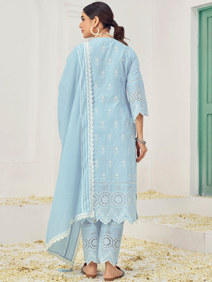 Thread Embroidered Chikankari Kurta Set with Scalloped Palazzo & Schiffli Laces