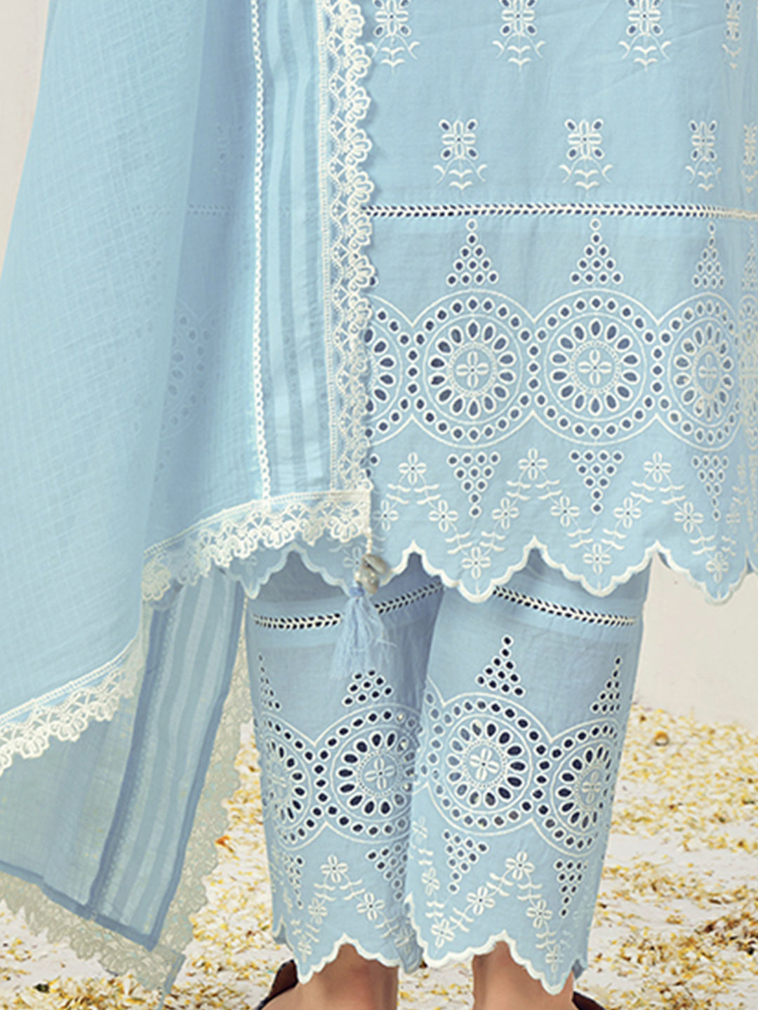 Thread Embroidered Chikankari Kurta Set with Scalloped Palazzo & Schiffli Laces