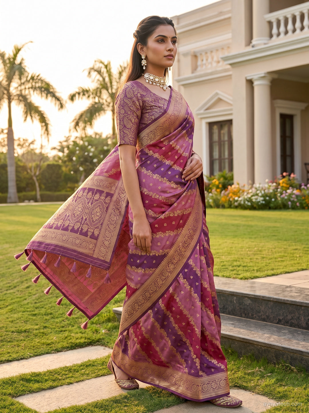 Purple & Pink Shaded Banarasi Silk Saree with Zari Woven Stripes and Tassel Border
