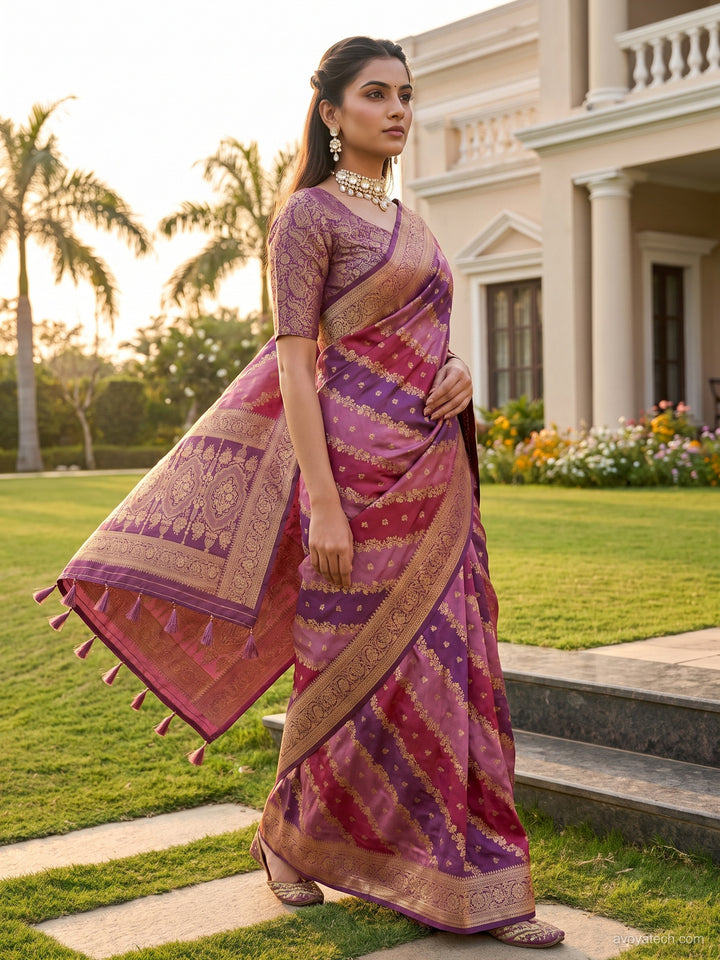 Purple & Pink Shaded Banarasi Silk Saree with Zari Woven Stripes and Tassel Border
