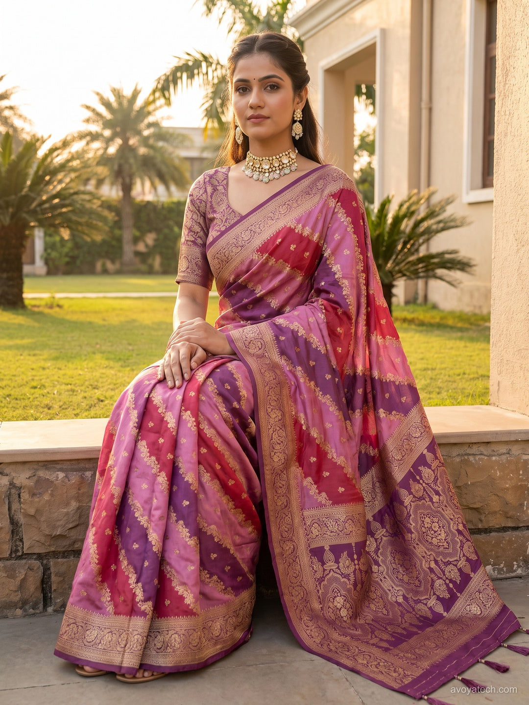 Purple & Pink Shaded Banarasi Silk Saree with Zari Woven Stripes and Tassel Border