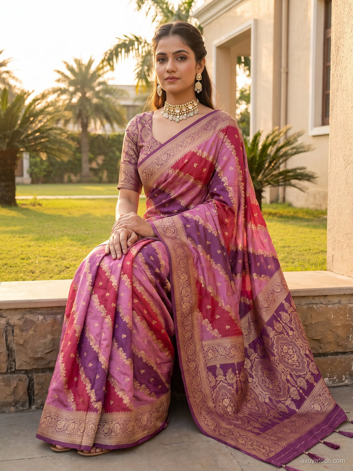 Purple & Pink Shaded Banarasi Silk Saree with Zari Woven Stripes and Tassel Border