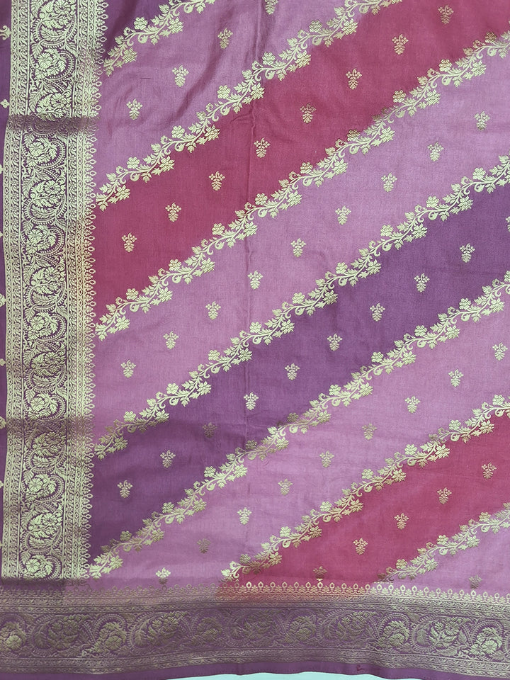 Purple & Pink Shaded Banarasi Silk Saree with Zari Woven Stripes and Tassel Border