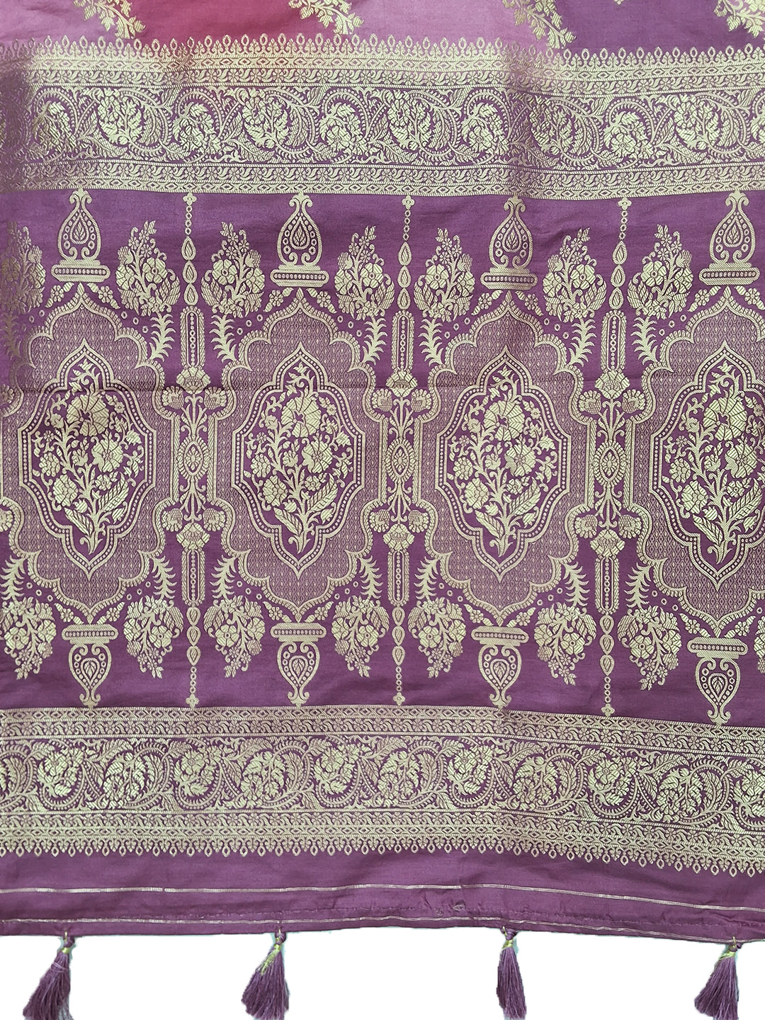 Purple & Pink Shaded Banarasi Silk Saree with Zari Woven Stripes and Tassel Border