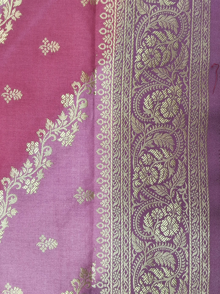 Purple & Pink Shaded Banarasi Silk Saree with Zari Woven Stripes and Tassel Border