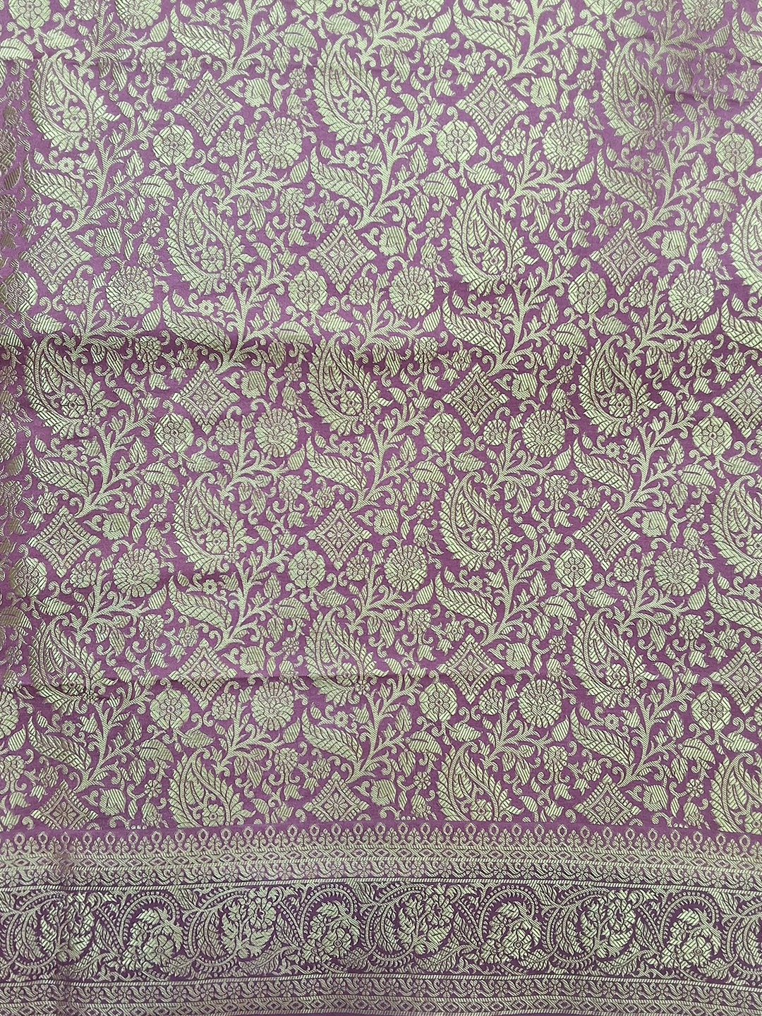 Purple & Pink Shaded Banarasi Silk Saree with Zari Woven Stripes and Tassel Border
