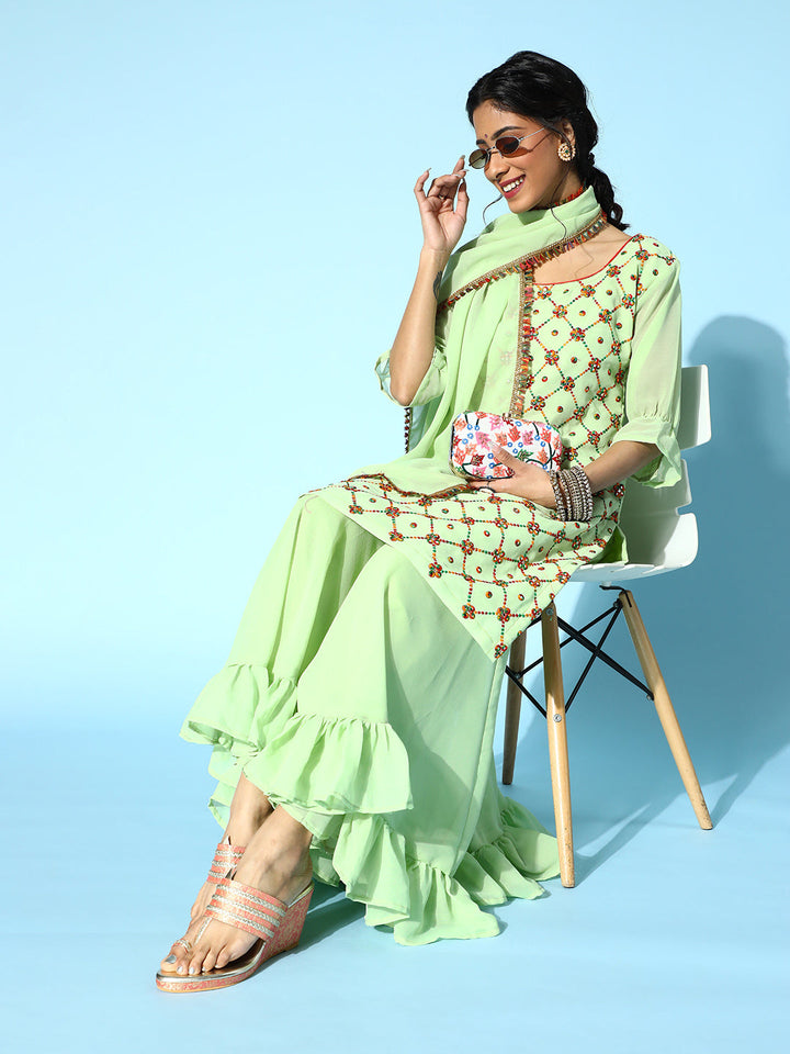 Resham Embroidery & Mirror Work  Frilled Sharara Set