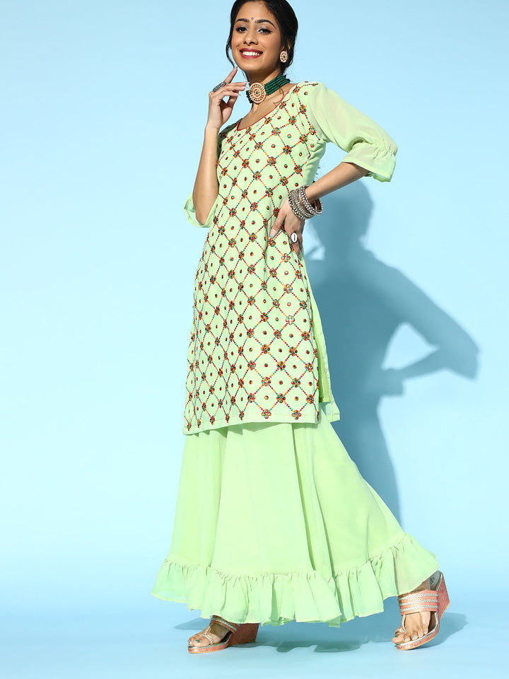 Resham Embroidery & Mirror Work  Frilled Sharara Set
