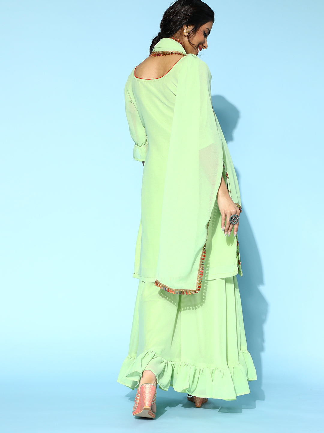 Resham Embroidery & Mirror Work  Frilled Sharara Set
