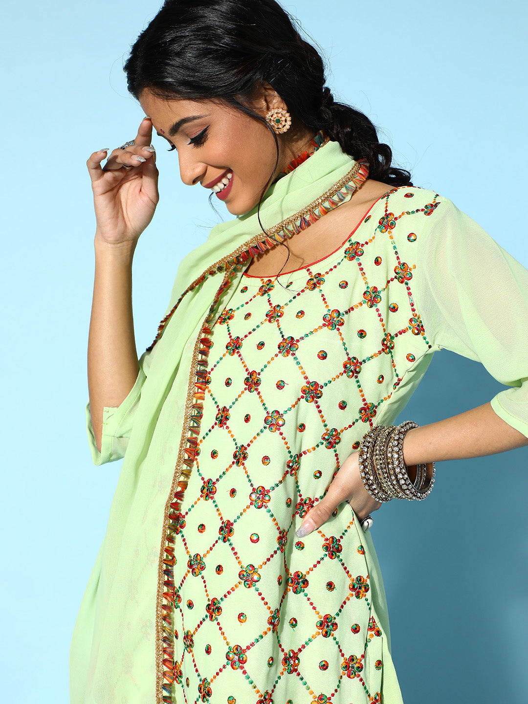 Resham Embroidery & Mirror Work  Frilled Sharara Set