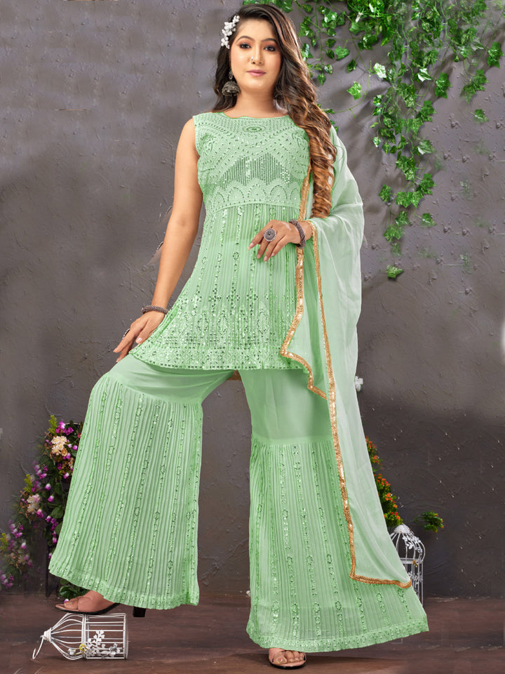 Chikankari & Sequin Embroidered Peplum Kurta Set with Pleated Sharara