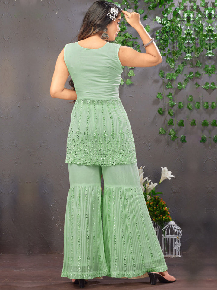 Chikankari & Sequin Embroidered Peplum Kurta Set with Pleated Sharara