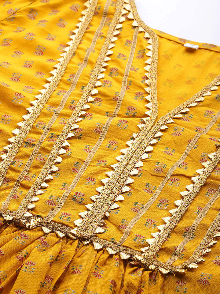 Made to Measure Yellow Foil Print Dress with Floral motifs & Gota Patti Embellishments