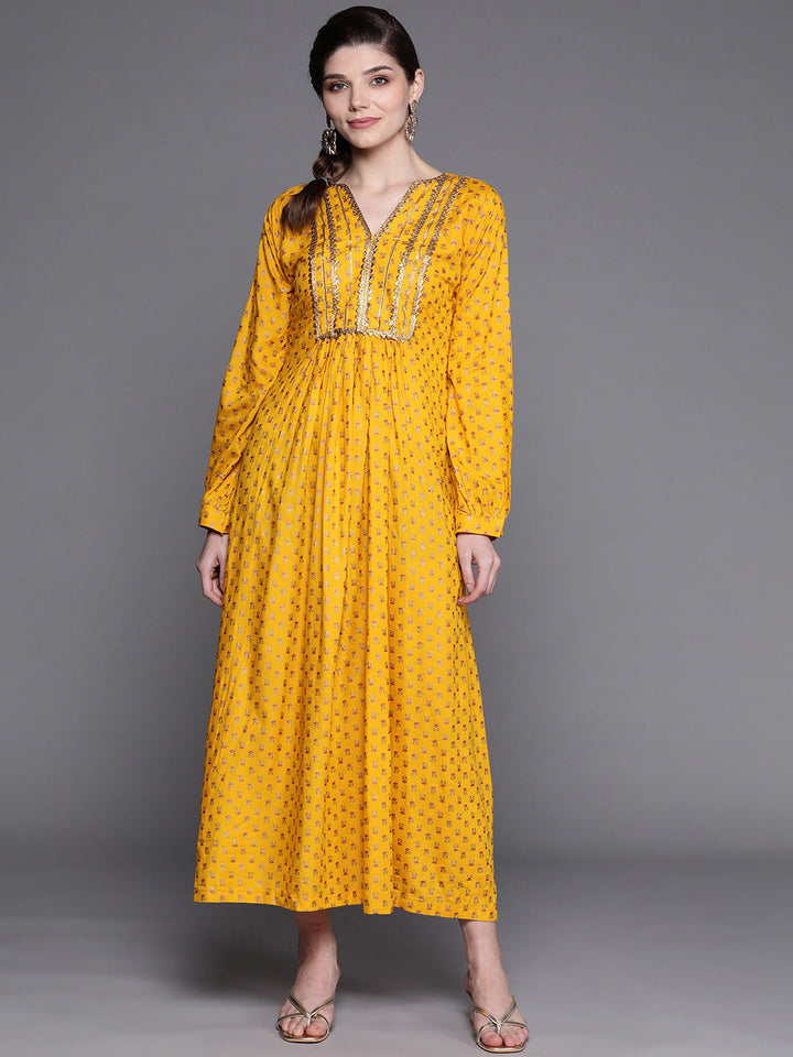 Made to Measure Yellow Foil Print Dress with Floral motifs & Gota Patti Embellishments