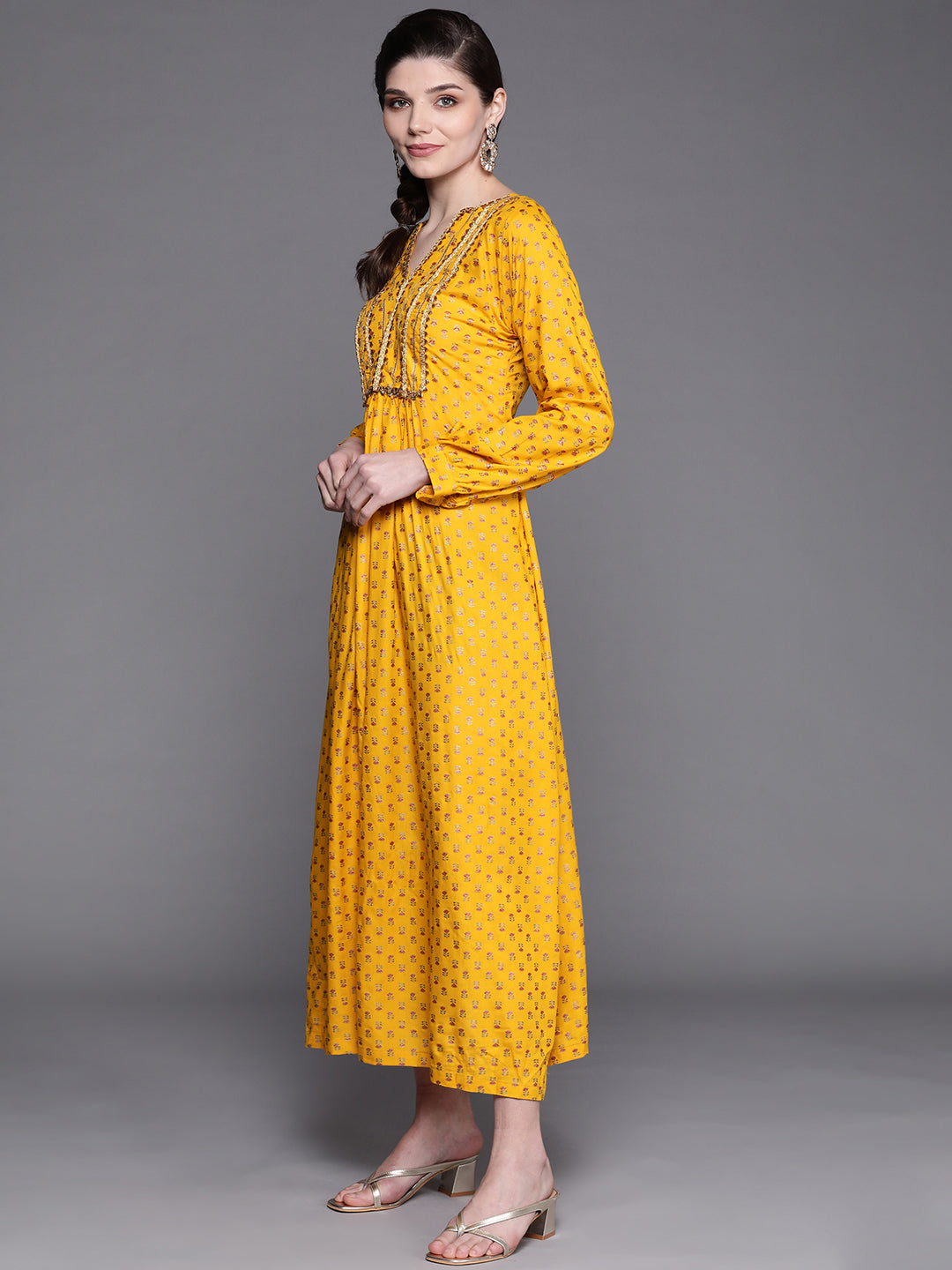 Made to Measure Yellow Foil Print Dress with Floral motifs & Gota Patti Embellishments