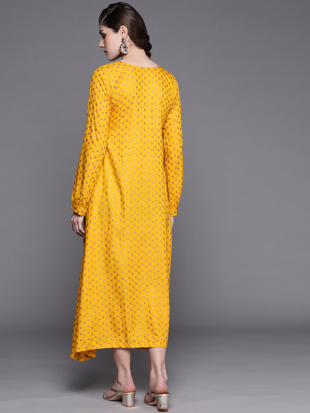 Made to Measure Yellow Foil Print Dress with Floral motifs & Gota Patti Embellishments