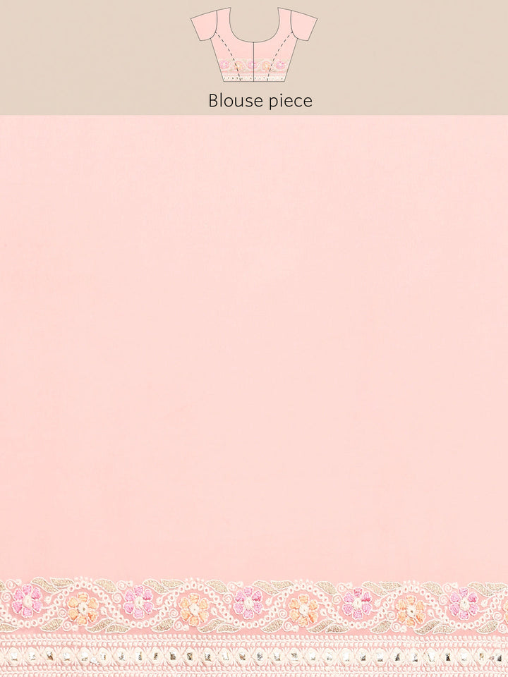 Pastel Pink Georgette White Thread Floral Embroidered Ethnic Saree