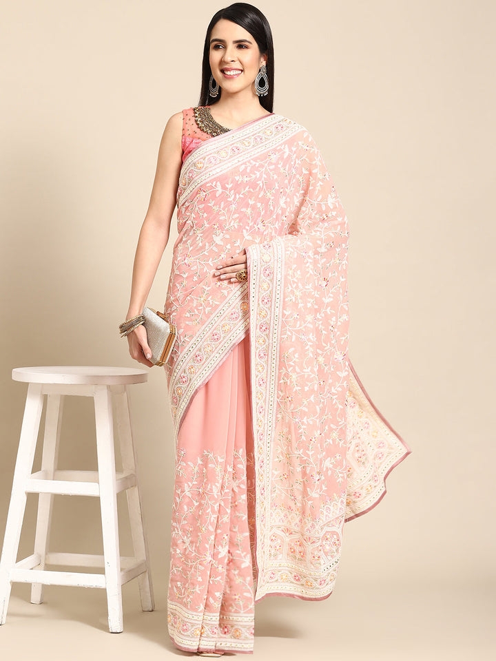 Pastel Pink Georgette White Thread Floral Embroidered Ethnic Saree