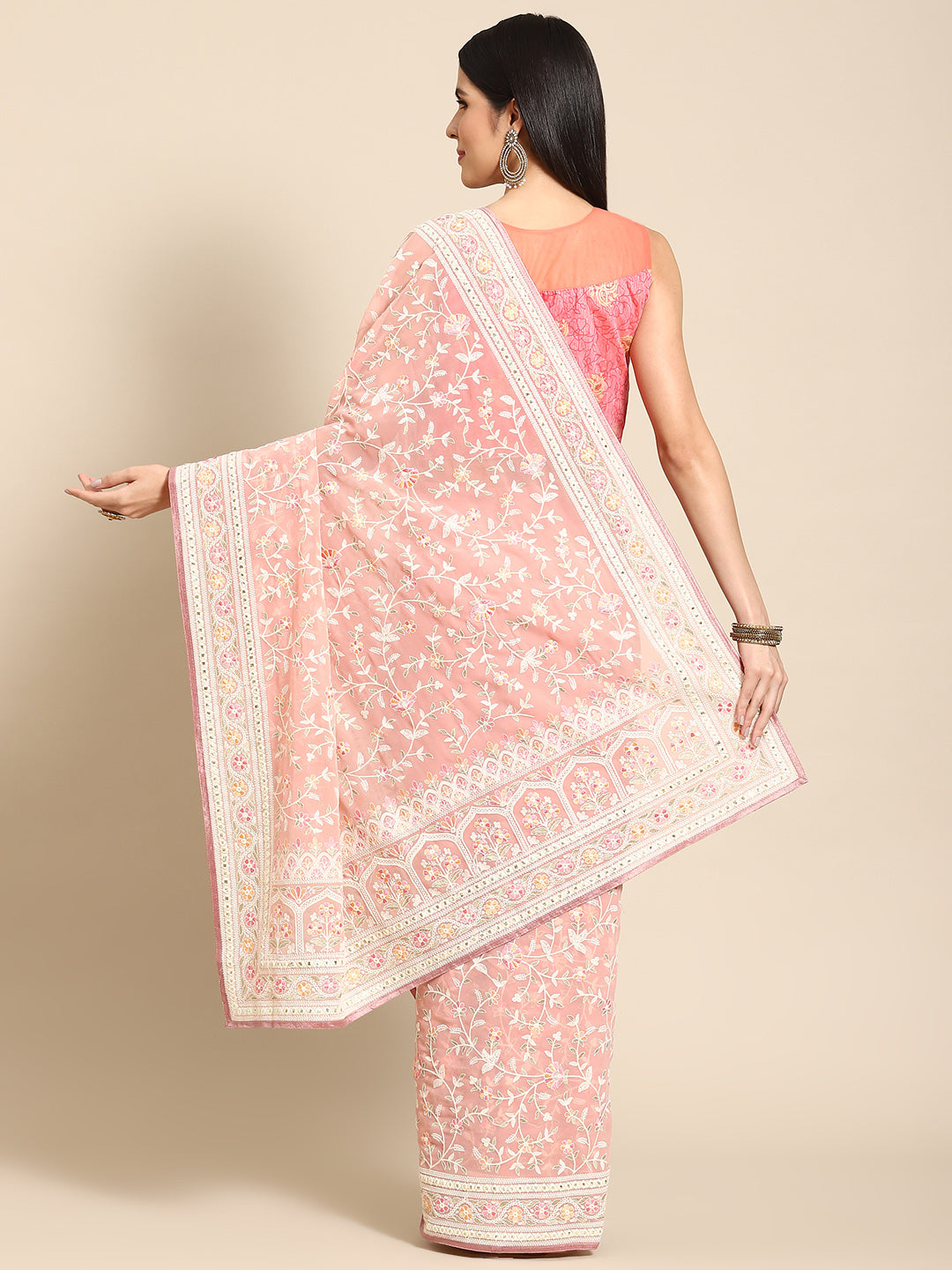 Pastel Pink Georgette White Thread Floral Embroidered Ethnic Saree