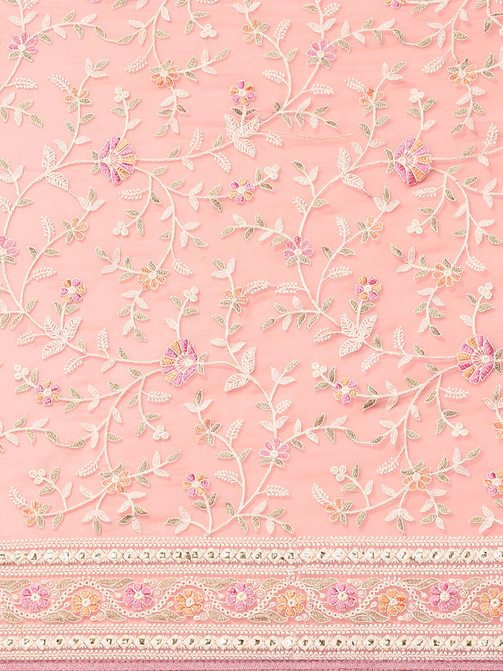 Pastel Pink Georgette White Thread Floral Embroidered Ethnic Saree