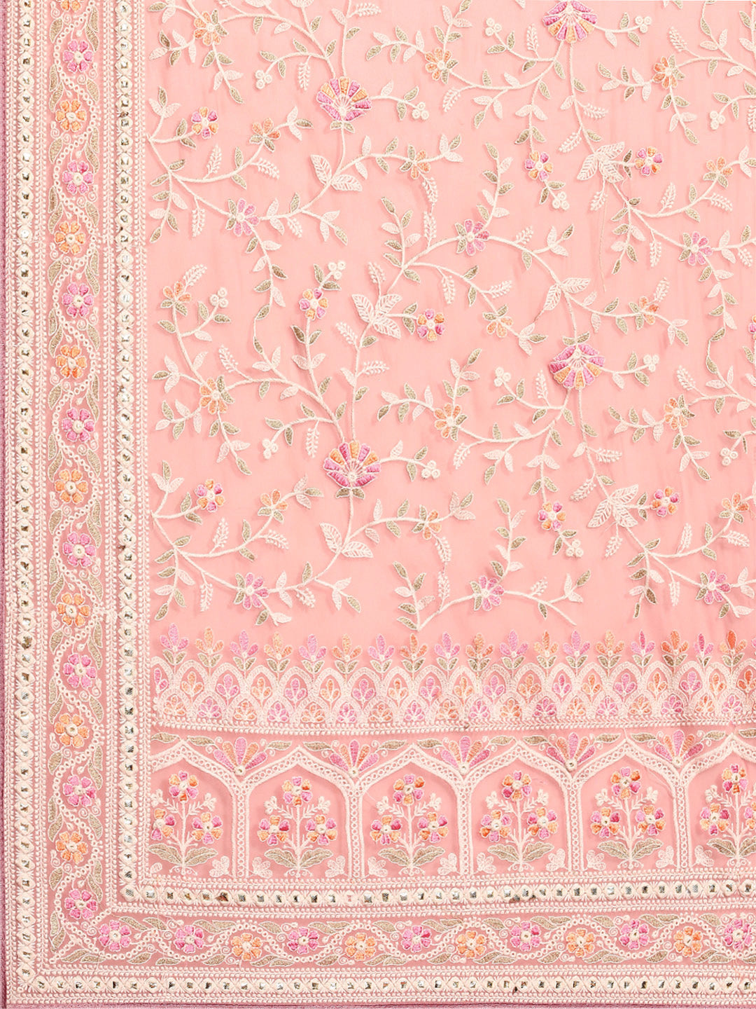 Pastel Pink Georgette White Thread Floral Embroidered Ethnic Saree