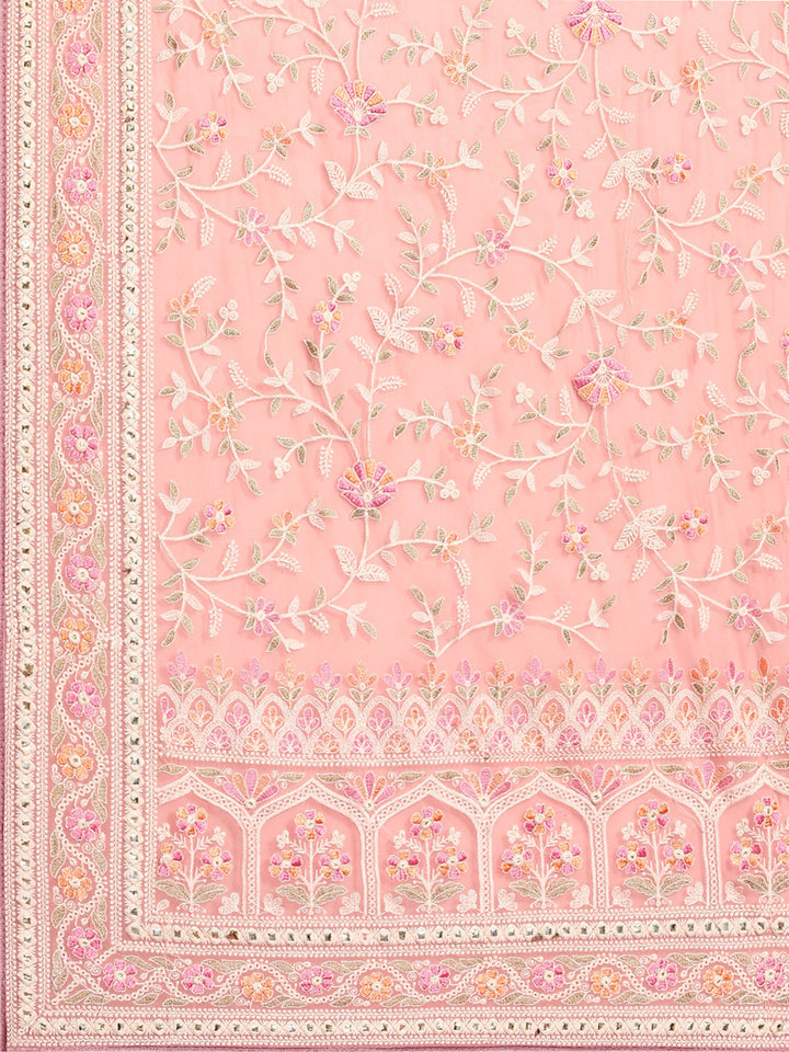 Pastel Pink Georgette White Thread Floral Embroidered Ethnic Saree