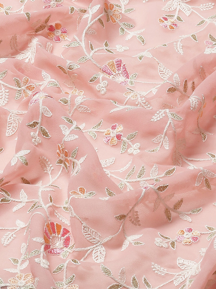 Pastel Pink Georgette White Thread Floral Embroidered Ethnic Saree